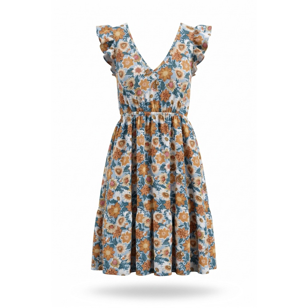 SHEIN Floral V-Neck Ruffle Sleeve Tie Back Mini Dress Blue Gold XXL
